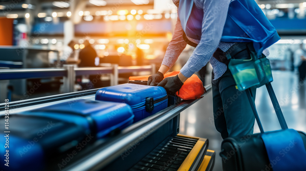 a security officer's hands using a metal detector to scan a traveler's luggage, with the airport terminal in soft focus behind. a security officer's hands using a metal detector to scan a traveler's luggage, with the airport terminal in soft focus behind.