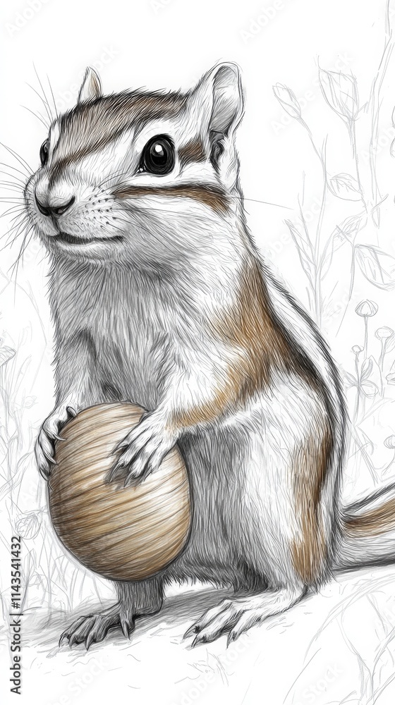 Obraz premium A detailed illustration of a chipmunk holding a wooden ball, set against a lightly sketched natural background, highlighting its playful nature and the beauty of wildlife.