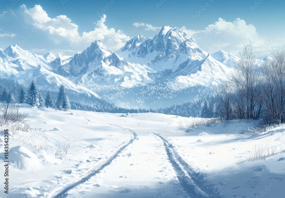 Serene Winter Landscape with Snow-Covered Mountains and Clear Blue Sky, Inviting Path Through Snow to Majestic Peaks in Tranquil Wilderness Setting Serene Winter Landscape with Snow-Covered Mountains and Clear Blue Sky, Inviting Path Through Snow to Majestic Peaks in Tranquil Wilderness Setting