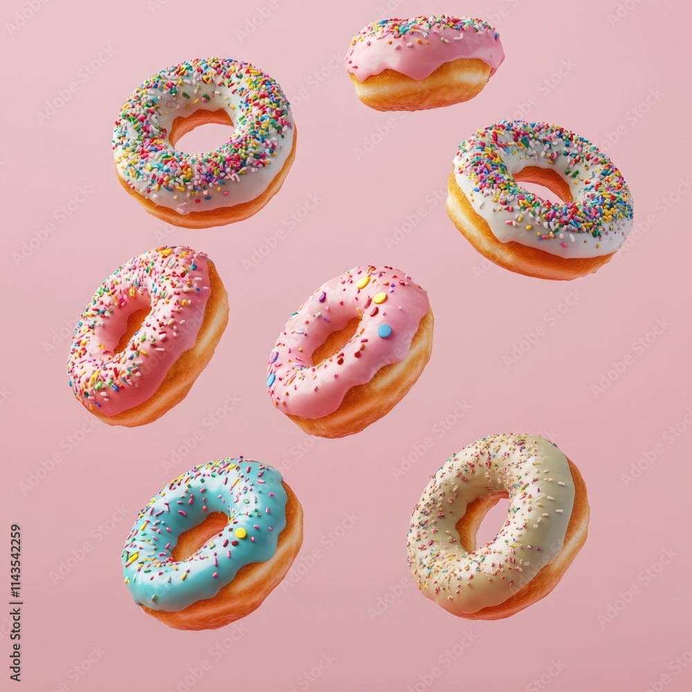 Whimsical Soaring Doughnuts: A Colorful Collection of Frosted Treats with Sprinkles Against a Vibrant Pink Canvas Whimsical Soaring Doughnuts: A Colorful Collection of Frosted Treats with Sprinkles Against a Vibrant Pink Canvas
