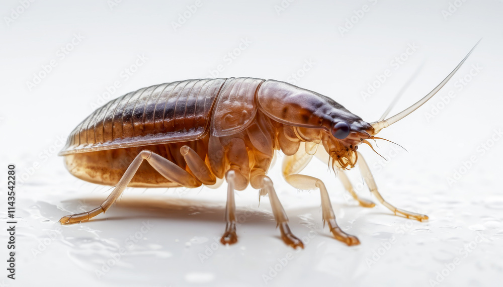 Close-up of a brown water flea with segmented body, focusing on fine details Close-up of a brown water flea with segmented body, focusing on fine details