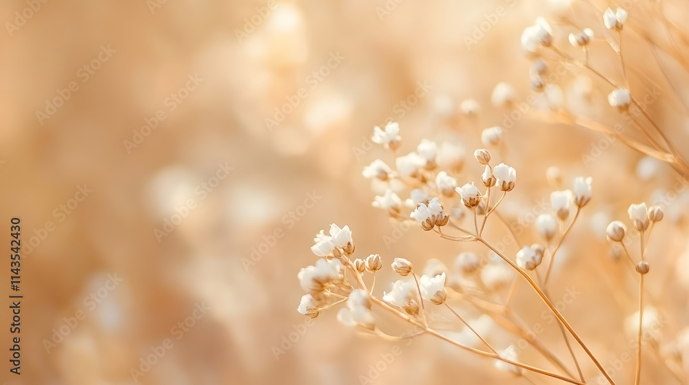 Delicate white flowers bloom in soft golden light Delicate white flowers bloom in soft golden light
