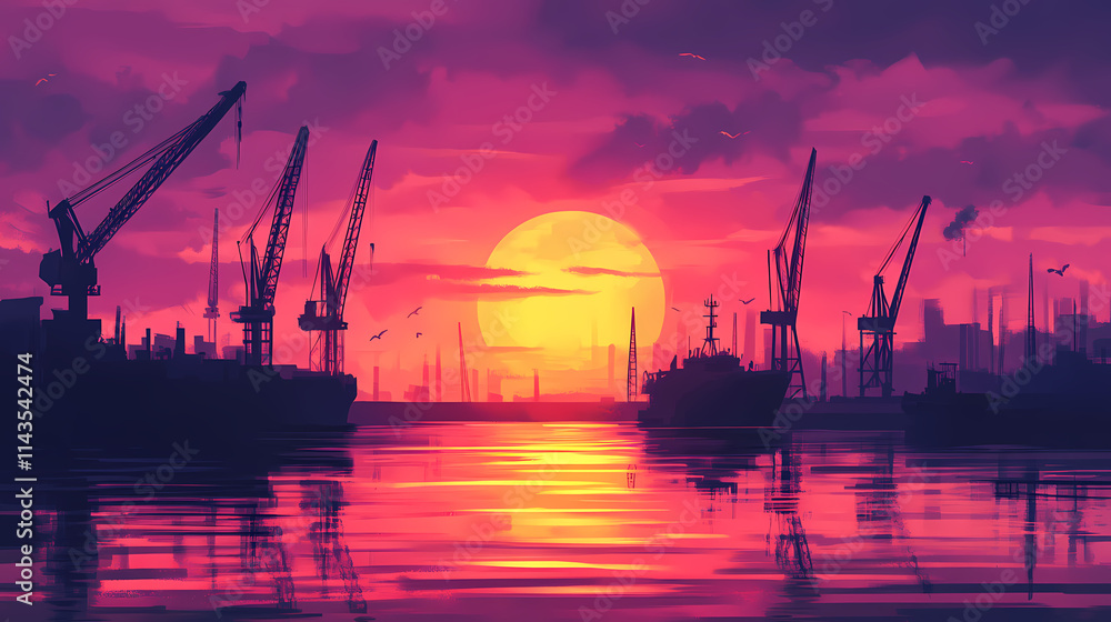 Sunset over the harbor with silhouettes of cranes and boats reflecting on calm waters at twilight. Harbor. Illustration Sunset over the harbor with silhouettes of cranes and boats reflecting on calm waters at twilight. Harbor. Illustration