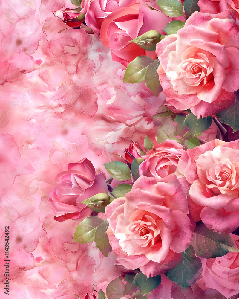 Digital Painting of Pink Roses with Watercolor Background Digital Painting of Pink Roses with Watercolor Background