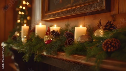 88. A festive cabin mantel featuring pinecones, evergreen garlands, and flickering candles casting a warm glow