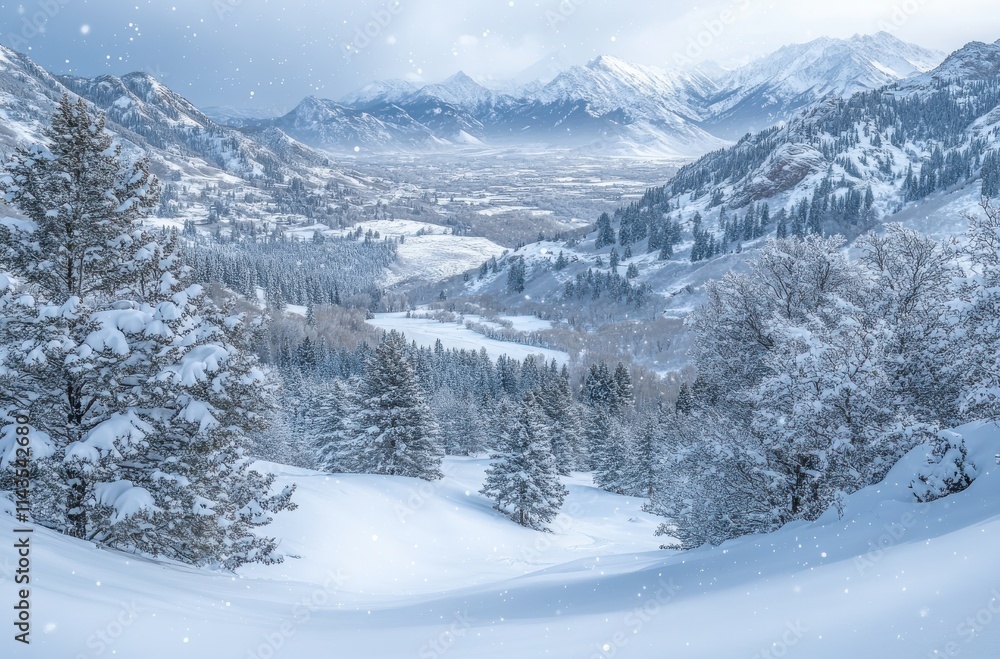 Fototapeta premium Serene Winter Landscape with Snow-Covered Mountains, Evergreen Trees, and a Captivating Valley Under a Cloudy Sky During a Gentle Snowfall