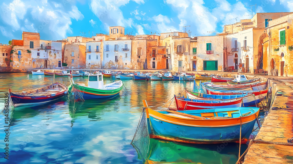Vibrant colorful boats and nets line the sun-kissed harbor in gallipoli, apulia, italy, with a catch of fresh fish awaiting sale. Harbor. Illustration Vibrant colorful boats and nets line the sun-kissed harbor in gallipoli, apulia, italy, with a catch of fresh fish awaiting sale. Harbor. Illustration