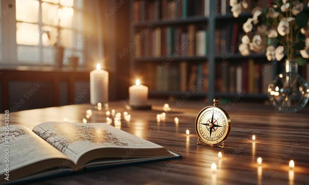 A cozy study scene with a compass, book, and candles. A cozy study scene with a compass, book, and candles.