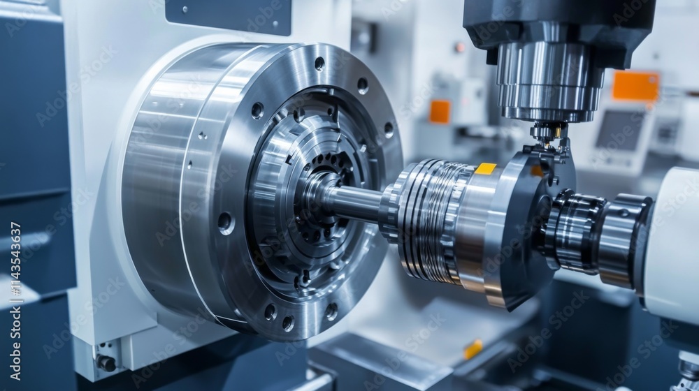 Close-up of CNC machine precisely machining a metal part. Close-up of CNC machine precisely machining a metal part.