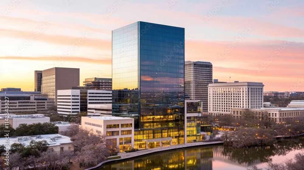 Obraz premium A modern glass building reflecting sunset colors near a body of water, surrounded by other structures, showcasing urban architecture and business development.