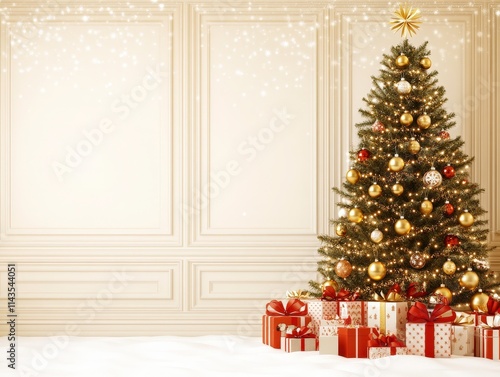 A beautifully decorated Christmas tree adorned with gold and red ornaments, surrounded by neatly wrapped presents, set against a light-colored wall, creating a festive holiday atmosphere.