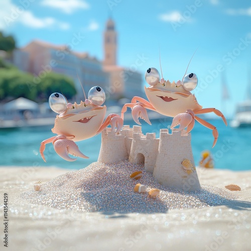 Playful Crabs Building Sandcastle on Beach with Ocean View