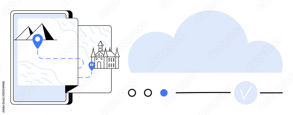 Mobile device displaying route to castle with map and location marker. Progress bar and syncing cloud in background. Ideal for travel, navigation apps, tourism, technology, cloud storage, landmarks Mobile device displaying route to castle with map and location marker. Progress bar and syncing cloud in background. Ideal for travel, navigation apps, tourism, technology, cloud storage, landmarks