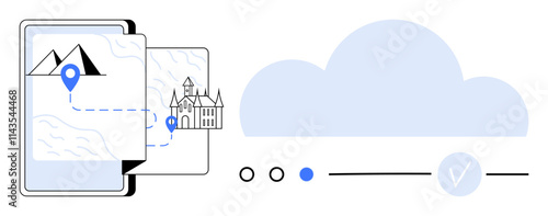 Mobile device displaying route to castle with map and location marker. Progress bar and syncing cloud in background. Ideal for travel, navigation apps, tourism, technology, cloud storage, landmarks photo