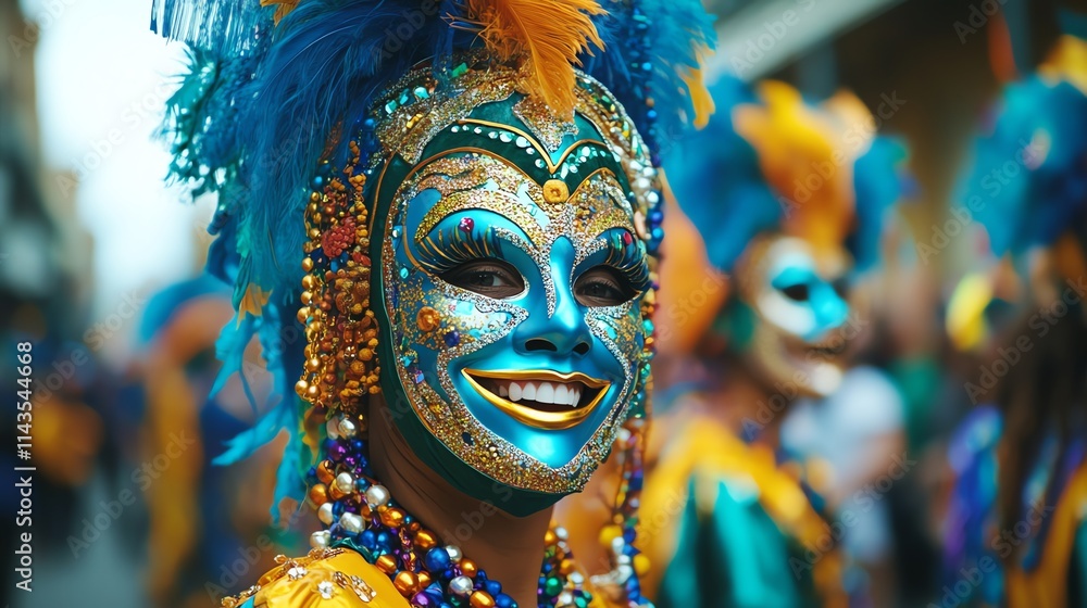 A person in vibrant costume and mask smiles during a festive celebration. A person in vibrant costume and mask smiles during a festive celebration.