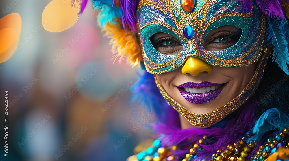 A smiling woman in a vibrant mask and festive attire, embodying celebration and joy. A smiling woman in a vibrant mask and festive attire, embodying celebration and joy.