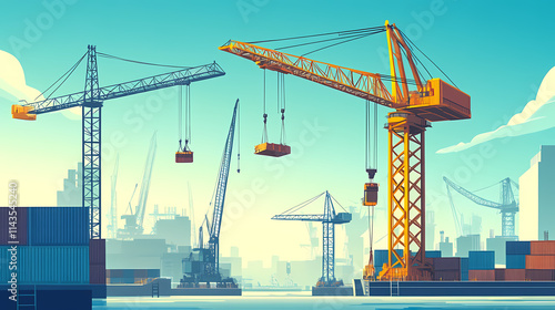 Industrial cranes at construction sites, lifting cargo and building materials efficiently. Harbor. Illustration