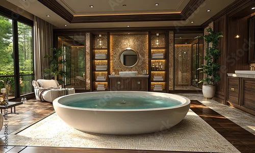 Luxurious bathroom featuring a modern oval bathtub and greenery.