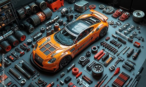 Orange sports car surrounded by various automotive parts and tools.