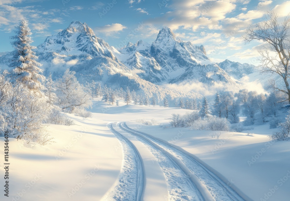 Serene Winter Wonderland with Snow-Covered Mountains and Soft Clouds, Capturing the Beauty of Nature in a Tranquil Landscape Setting at Dusk Serene Winter Wonderland with Snow-Covered Mountains and Soft Clouds, Capturing the Beauty of Nature in a Tranquil Landscape Setting at Dusk