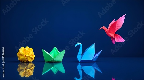 Fototapeta Naklejka Na Ścianę i Meble -  Origami Transformation: A Colorful Journey from Crumpled Paper to Flight on a Deep Blue Background