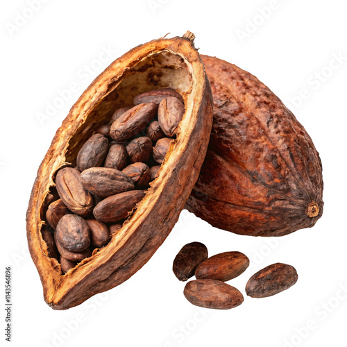 Cocoa pods with beans displayed on a transparent background, showcasing raw cocoa seeds in a natural, detailed format