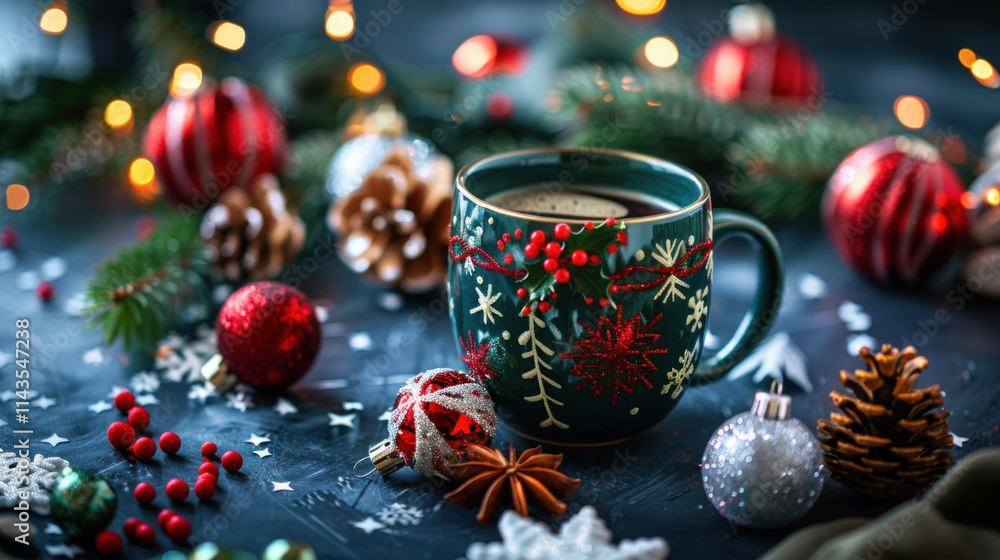 Christmas-themed mug surrounded by ornaments, cozy and warm lighting for holiday appeal Christmas-themed mug surrounded by ornaments, cozy and warm lighting for holiday appeal