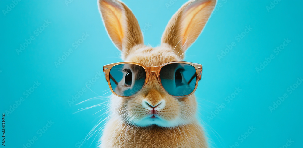 Cute, happy, smiling rabbit wearing sunglasses, isolated on blue background. Cute, happy, smiling rabbit wearing sunglasses, isolated on blue background.