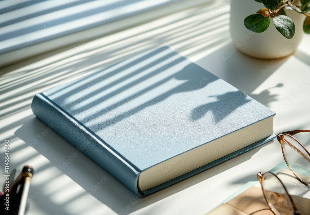 Soft Blue Book on a Bright Desk Surrounded by Shadows with a Potted Plant and Reading Glasses in a Calm and Serene Workspace Environment Soft Blue Book on a Bright Desk Surrounded by Shadows with a Potted Plant and Reading Glasses in a Calm and Serene Workspace Environment
