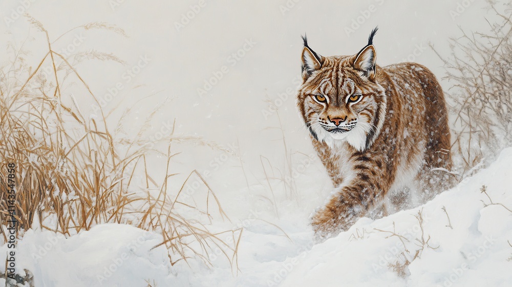 Eurasian lynx stalking through snowy field. Eurasian lynx stalking through snowy field.