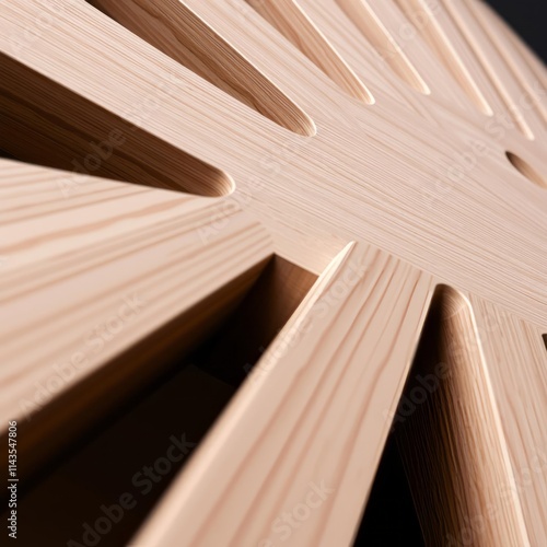 Wooden geometric pattern, Intricate sunburst design, Close-up texture, Light beige wood grain, Radial symmetry, Precision carpentry, Minimalist architectural detail, Organic modern aesthetic, Triangul photo