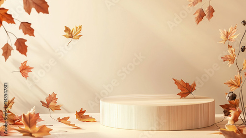 Empty wooden podium with autumn leaves on beige background suitable for fall inspired product presentation