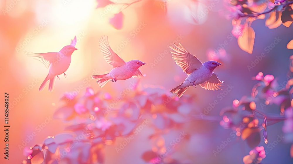 Three birds in flight at sunset, surrounded by pink blossoms. Three birds in flight at sunset, surrounded by pink blossoms.