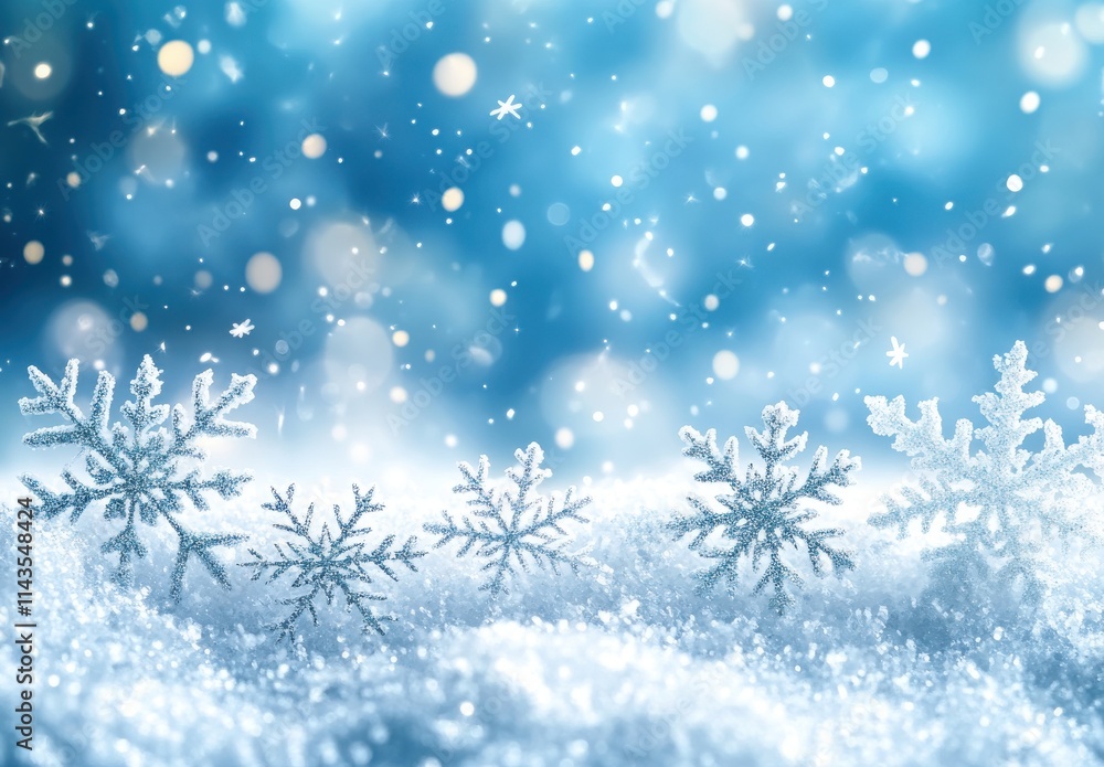 Stunning Winter Wonderland Scene with Snowflakes and Glittering Snow Under a Blue Background, Capturing the Magic of the Holiday Season Stunning Winter Wonderland Scene with Snowflakes and Glittering Snow Under a Blue Background, Capturing the Magic of the Holiday Season