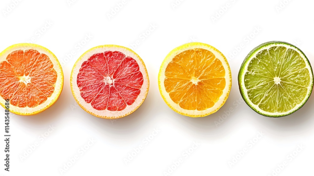 Vivid sliced citrus fruits closeup photo on bright background mockup. AI Generated Vivid sliced citrus fruits closeup photo on bright background mockup. AI Generated