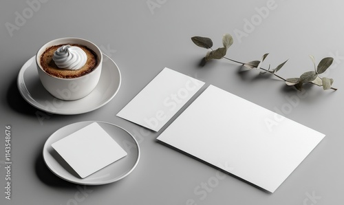 Wallpaper Mural Stylish Table Arrangement with Coffee, Whipped Cream, and Blank Cards on a Minimalist Gray Surface for Branding or Creative Project Ideas Torontodigital.ca