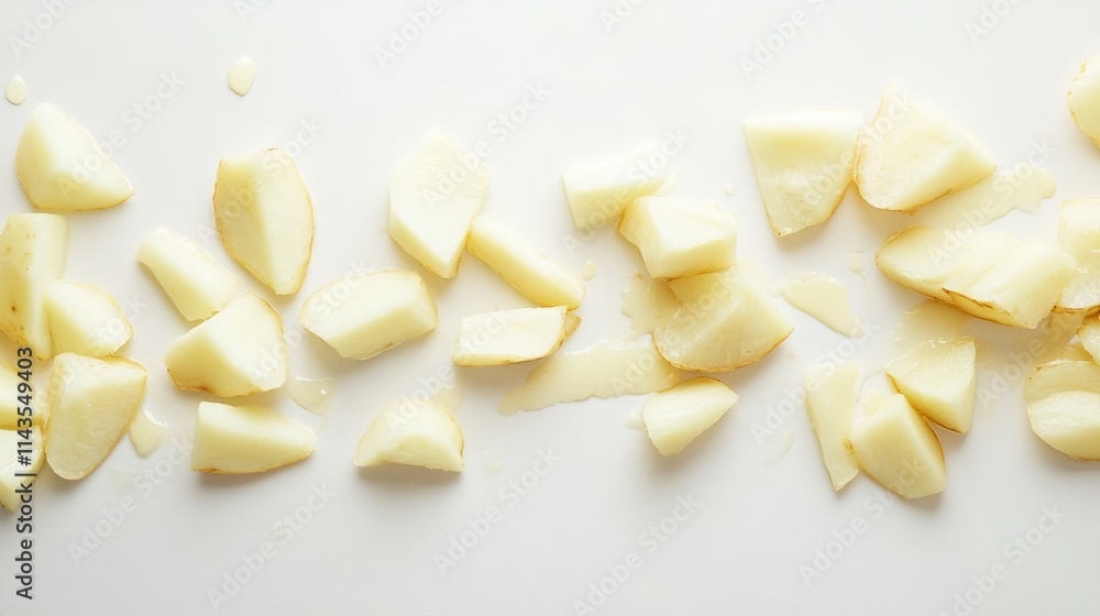 Chopped potatoes scattered on white background. Chopped potatoes scattered on white background.