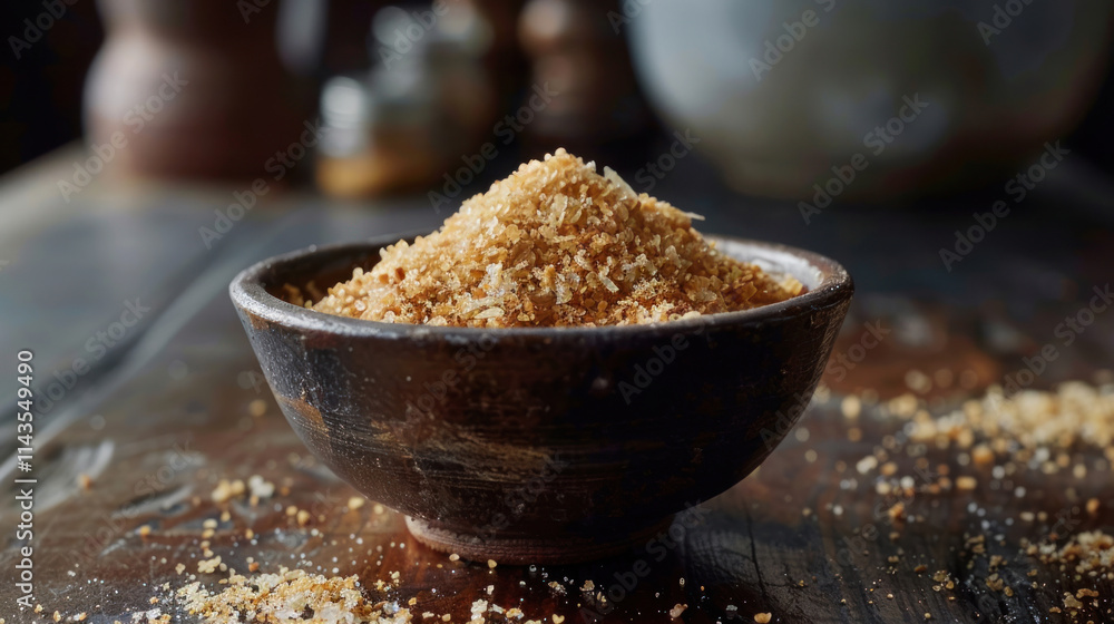 Crispy breadcrumbs in a small bowl, golden shades, rustic kitchen background, warm lighting, casual and inviting Crispy breadcrumbs in a small bowl, golden shades, rustic kitchen background, warm lighting, casual and inviting