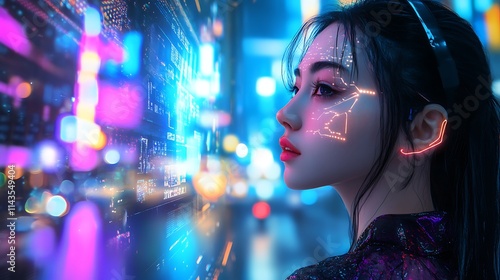 Cyberpunk Woman Contemplating Digital Data Stream in Neon Cityscape. AI Generated