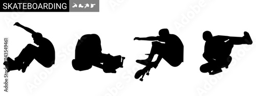 skateboarder vector silhouette illustration, skateboard black design set.