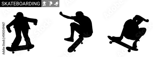 skateboarder vector silhouette illustration, skateboard black design set.