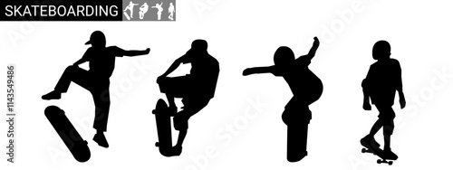 skateboarder vector silhouette illustration, skateboard black design set.