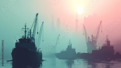Foggy harbor with ships and cranes. Harbor. Illustration