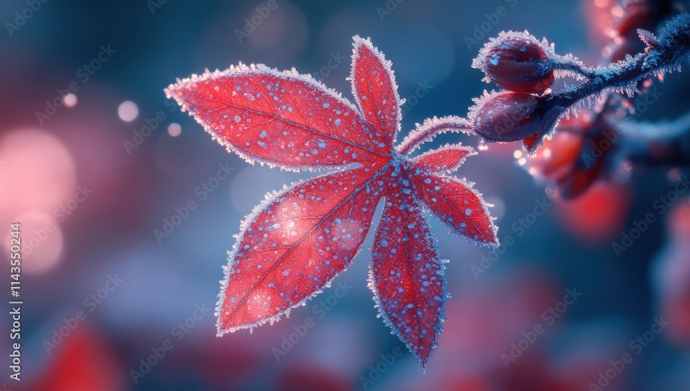 Vibrant Red Maple Leaf Covered in Frost with Glimmering Dewdrops, Captured in a Dreamy Winter Landscape Vibrant Red Maple Leaf Covered in Frost with Glimmering Dewdrops, Captured in a Dreamy Winter Landscape