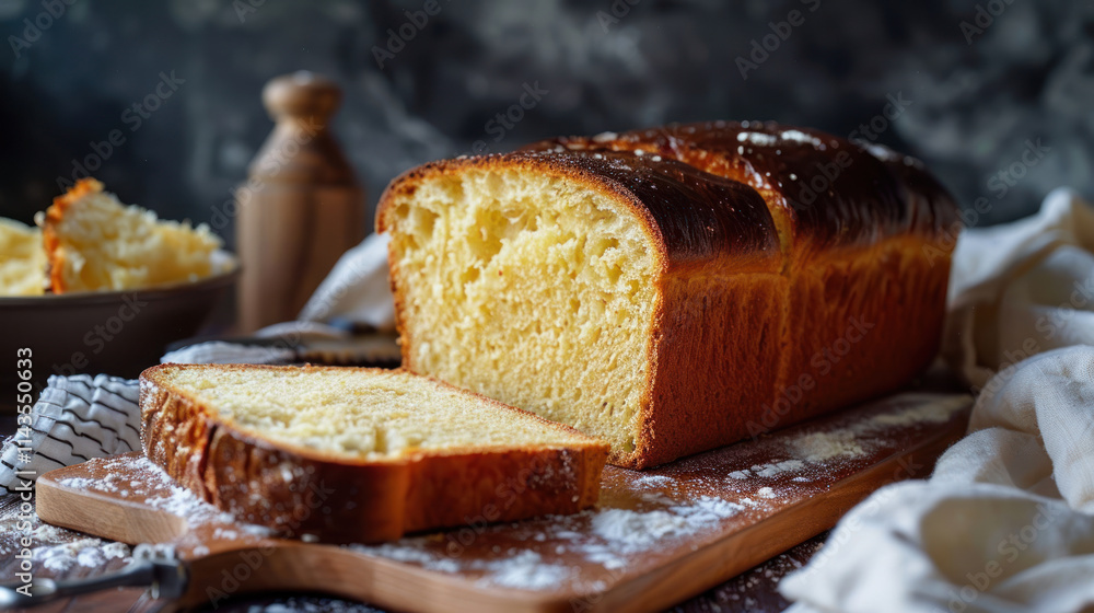 Dense keto bread, sliced with detailed texture, farmhouse table, natural light, cozy rustic feel
