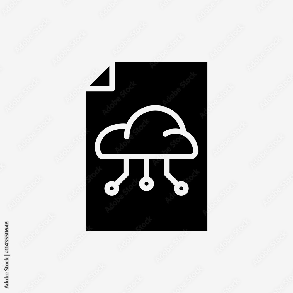 Icon Solid Black Paper file document with Cloud system. Technology and system concept, Glyph style. Icon Solid Black Paper file document with Cloud system. Technology and system concept, Glyph style.