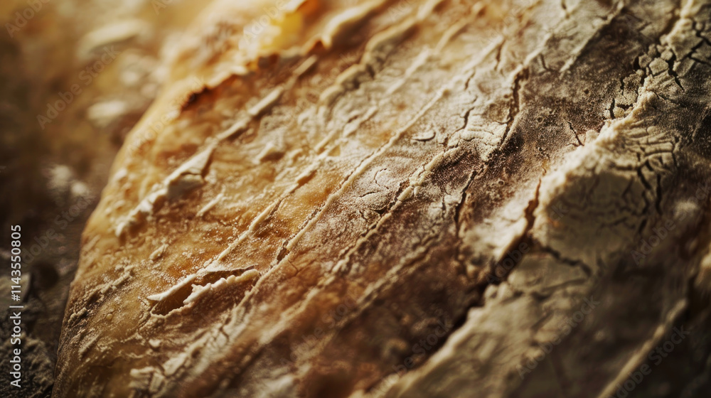 Detailed close-up of scored bread, flour-dusted with artistic lines, warm light, rustic backdrop Detailed close-up of scored bread, flour-dusted with artistic lines, warm light, rustic backdrop