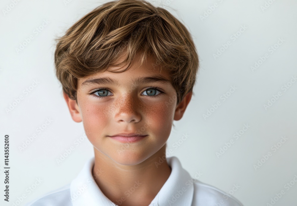 Young Boy with Brown Hair and Blue Eyes Smiling Serenity Against a Light Background, Perfect for Family, Childhood, and Lifestyle Themes in Stock Photography Young Boy with Brown Hair and Blue Eyes Smiling Serenity Against a Light Background, Perfect for Family, Childhood, and Lifestyle Themes in Stock Photography