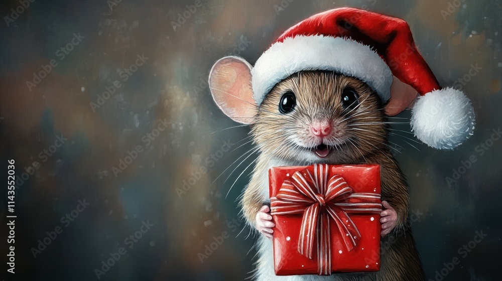 Watercolor painting of a cute mouse wearing a Santa hat and holding a gift box. Concept of Christmas, holiday celebration, festive animal illustration. Copy space Watercolor painting of a cute mouse wearing a Santa hat and holding a gift box. Concept of Christmas, holiday celebration, festive animal illustration. Copy space
