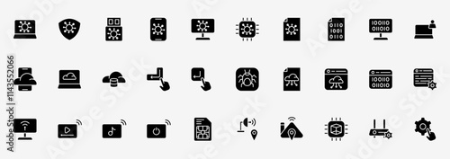 Icon set tech information include coding, pogrammer, malware, network etc. icon pack Glyph Solid style